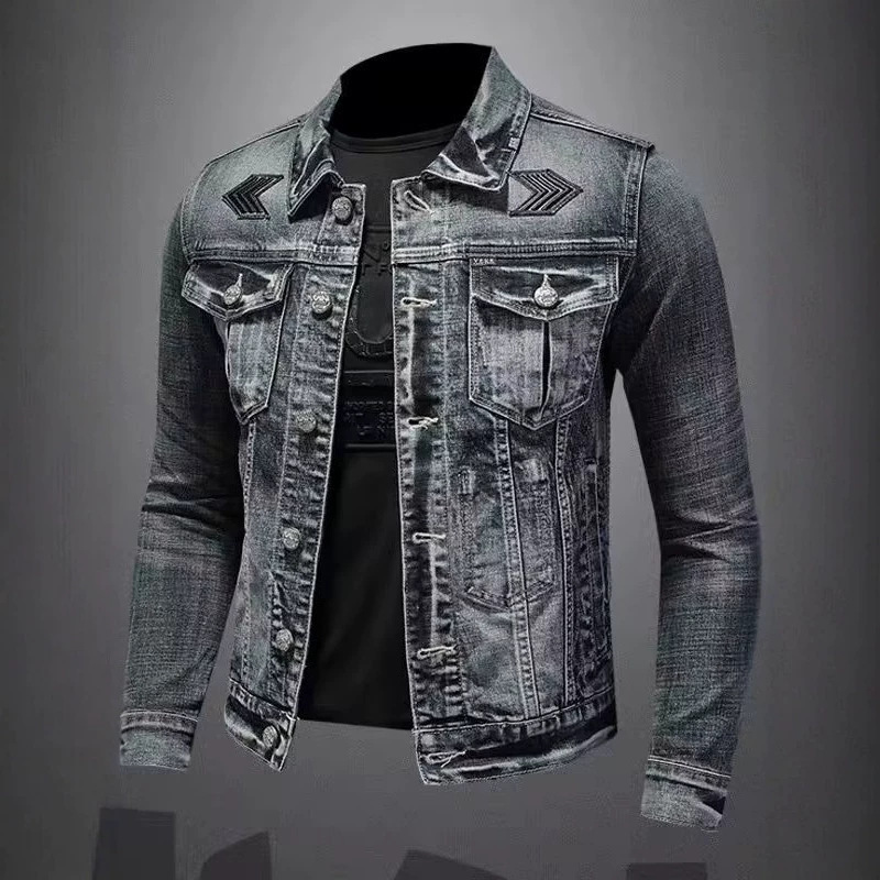 Heavy-Duty Denim Jacket for Men, American Retro Distressed Style, Trendy Slim-Fit Biker Jacket, Workwear Casual Top, Men's Clothing