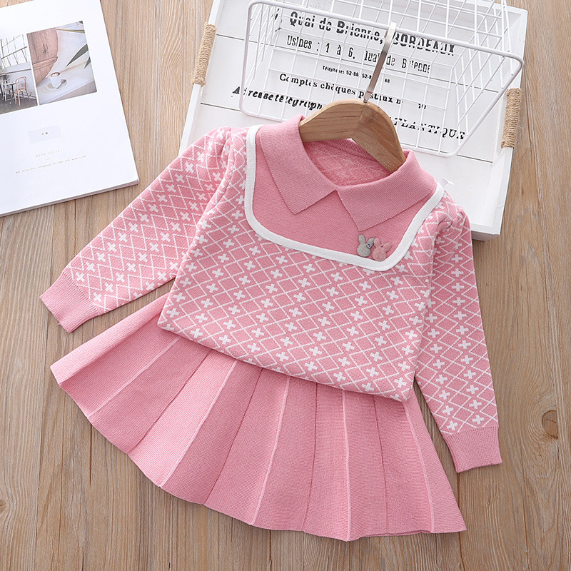 Korean version sweet and cute girl two-piece set for girls aged 1-8, college knitted sweater half skirt_voghion.com