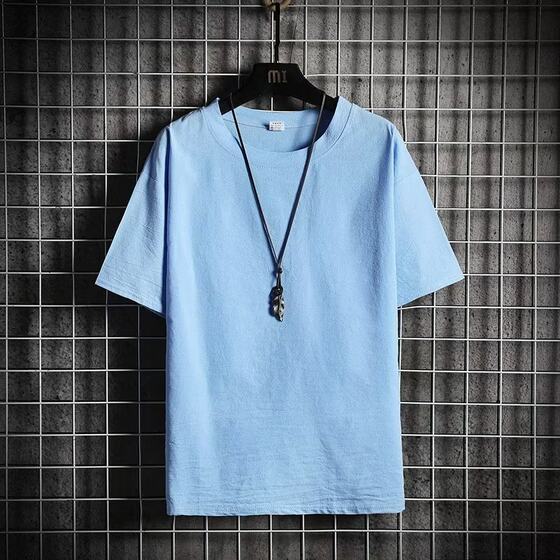 Manufacturer Wholesale Imitation Linen Short-Sleeved T-Shirt Men's Summer New Fashion Brand Loose Imitation Cotton and Linen Half-Sleeved Pure Color T-Shirt