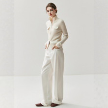 秋冬新款山羊绒衫女高领开衫双头拉链胸前假口袋针织紧身外套套装