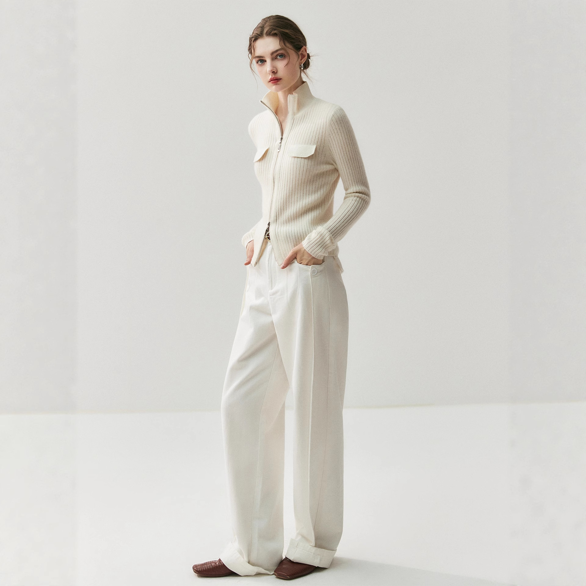 秋冬新款山羊绒衫女高领开衫双头拉链胸前假口袋针织紧身外套套装