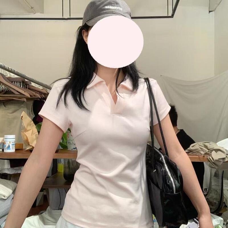 纯欲粉色正肩polo衫翻领短袖T恤女夏季新款设计感掐腰显瘦上衣|undefined