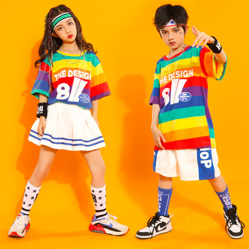 Children's street dance clothing, summer boys' hip-hop suits, short-sleeved girls' jazz dance practice clothes, kindergarten performance clothes