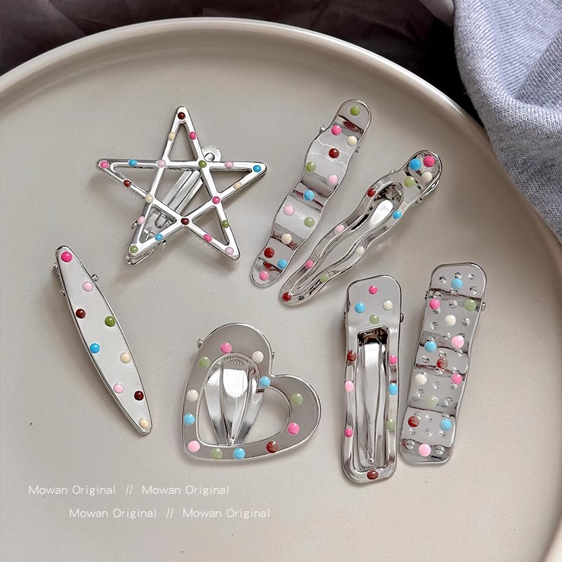 Sweet and Cool Girl Colorful Polka Dot Metal Hairpin for Women, Forehead Hair Clip, Side Clip, Duckbill Clip, Hair Accessory