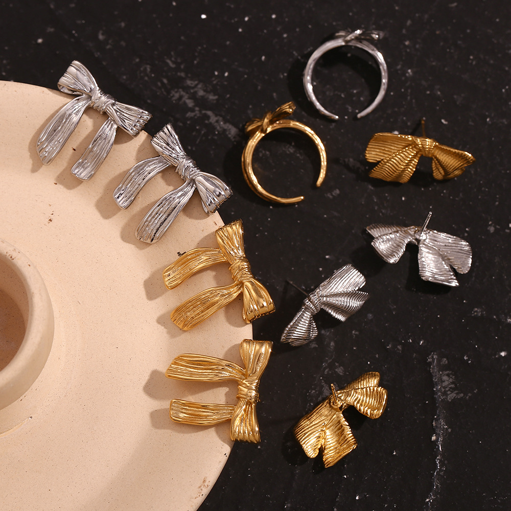 Bow Ribbon Stainless Steel Earrings And Ring