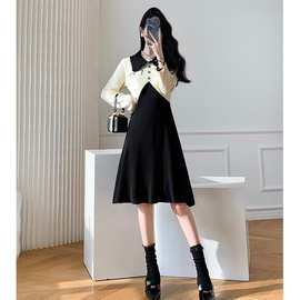 韩版气质新款假两件黑白拼接针织裙子女秋季正肩显瘦配大衣打底裙
