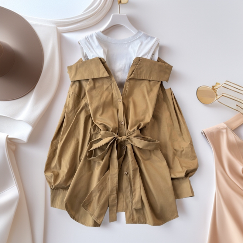 外贸2025夏别致露肩设计感上衣女宽松拼接假两件长袖衬衫