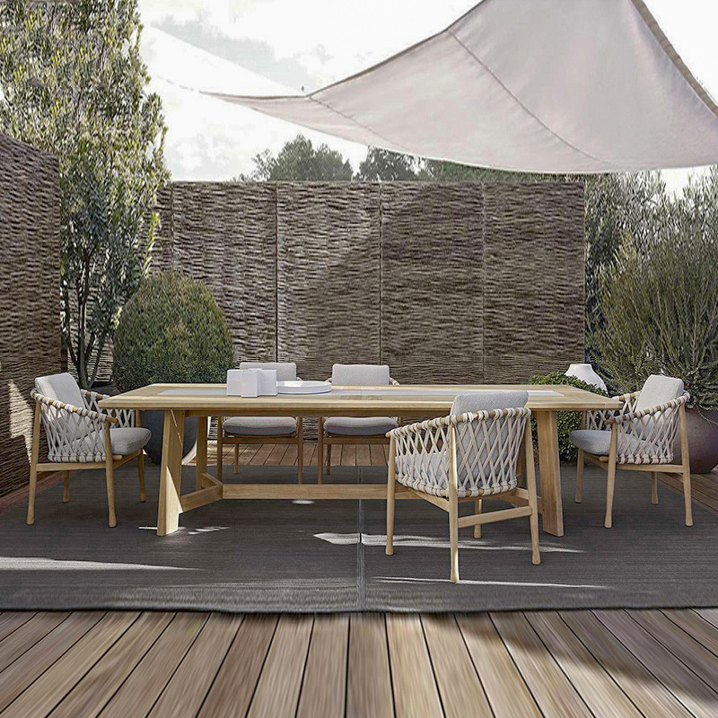Mesas y sillas de teca para exteriores de villa, mesa larga de madera anticorrosión de diseño de alta gama para patio, jardín y hotel, con tejido de cuerda.