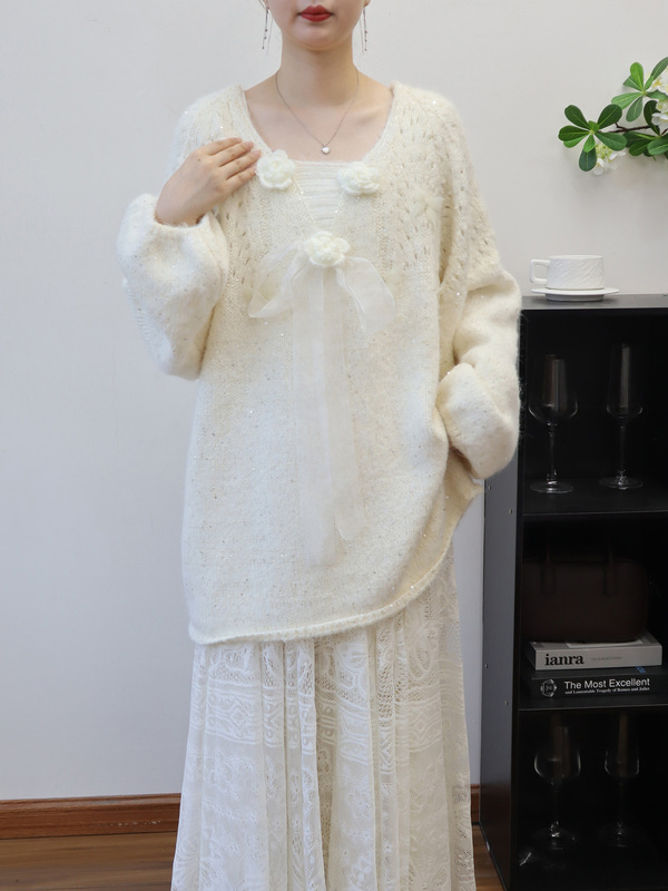 2025秋冬新款中长款立体花朵蝴蝶结甜美针织衫上衣宽松毛衣套头女|undefined