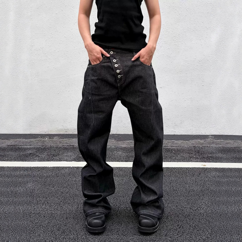 American high street retro hediboy style with diagonal placket and five-button design, cool and stylish raw denim straight-leg jeans for men