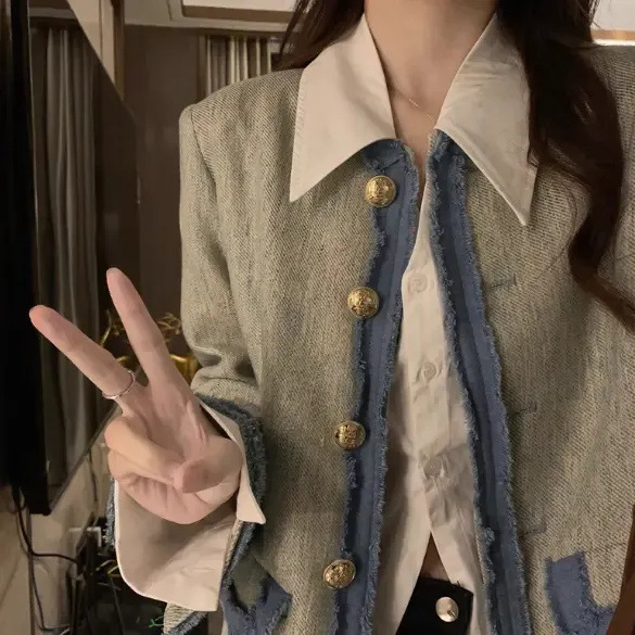 小香风撞色拼接垫肩西装外套女2025秋冬设计感小众气质名媛上衣潮|undefined