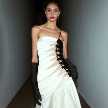 春夏爆款抹胸鱼尾连衣裙单肩黑白撞色缎面高级感宴会礼服长裙女
