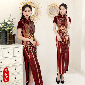 Wine sequined Chinese dress Cheongsam dress young girl retro ethnic Chinese temperament long sexy catwalk model show party qipao cheongsam