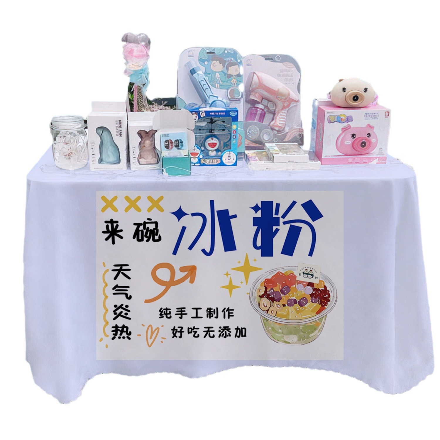 Manos de hielo en polvo toal de mesa letrero de mercado nocturno de alimentos puestos de toal de mesa carro publicidad toal de mesa publicidad toal
