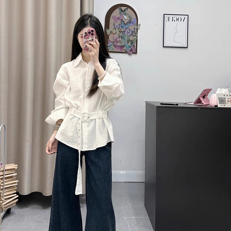秋季韩系Polo领收腰显瘦长袖白色衬衫女款衬衣设计感配腰带上衣|undefined