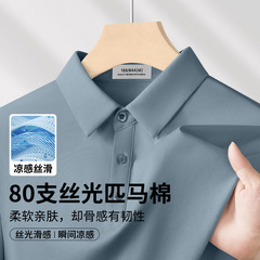 80 カウントシルケットピマコットンメンズポロシャツ夏の新アイスシルククールシルケットコットンラペル半袖 Tシャツ男性用