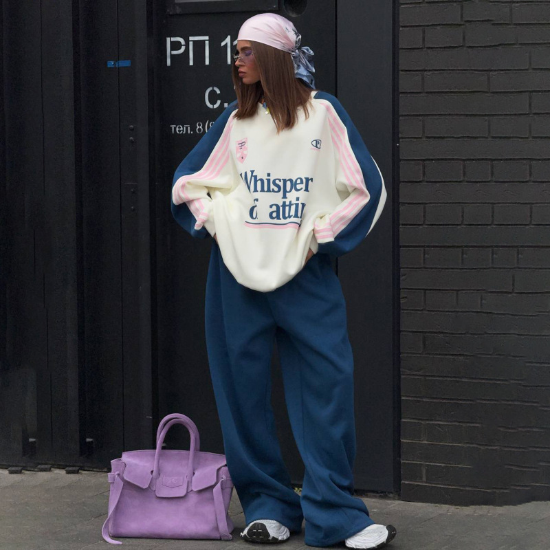 American Street Style Contrasting Printed Sports Sweatshirt Suit for Women, Round Neck, Loose Long-Sleeved Pullover Top, Drawstring Wide-Leg Pants American Street Style Contrasting Printed Sports Sweatshirt Suit for Women, Round Neck, Loose Long-Sleeved Pullover Top, Drawstring Wide-Leg Pants