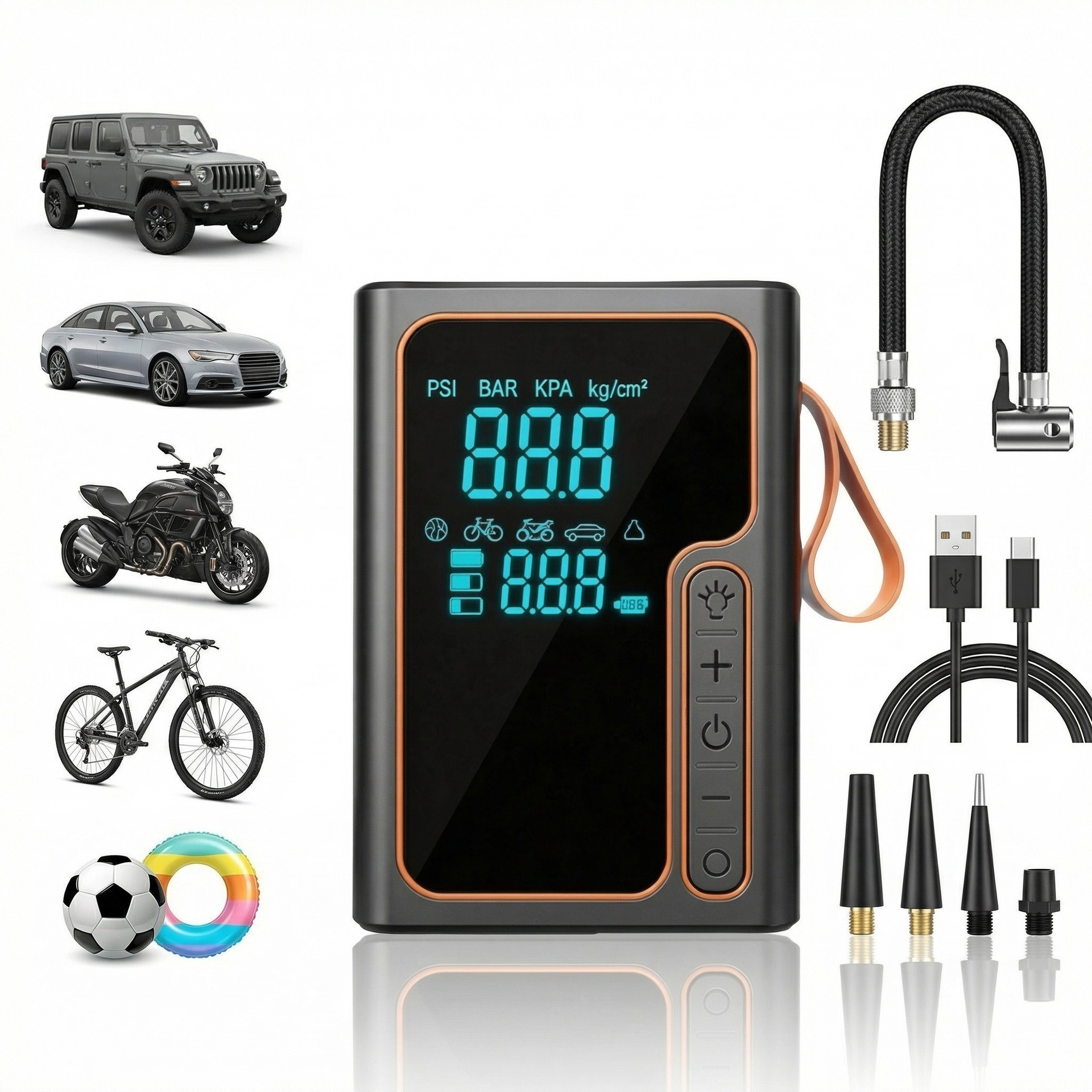 Wireless portable multi-functional car air pump with digital display, emergency air pump, electric car tire inflator