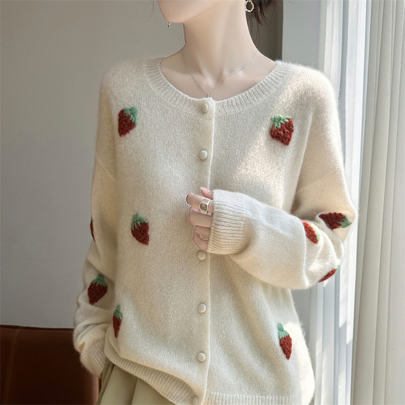 Cloud Touch ~ 25 Years Autumn and Winter New Sweet Style Silk Cashmere Round Neck Knitted Cardigan Long-Sleeved Strawberry Top
