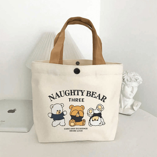 Cute Bear Canvas Bag for Women, Printable and Versatile Student Portable Office Hand Carry Lunch Bag Handbag Canvas Tote