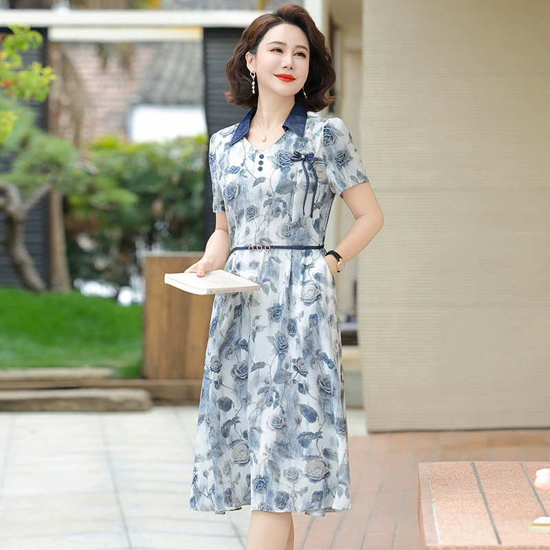 Модное платье для мамы средней длины с короткими рукавами для женщин среднего и пожилого возраста, новая летняя тонкая юбка с принтом