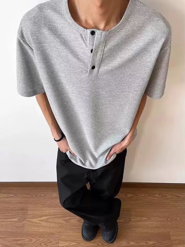 トレンディなブランドトレンディなメンズグレーワッフルヘンリーカラー半袖メンズ夏アメリカンレトロTシャツハイエンドハンサム半袖|undefined