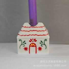 北欧陶瓷彩绘房子摆件创意镂空LED烛台夜灯圣诞节桌面装饰工艺品