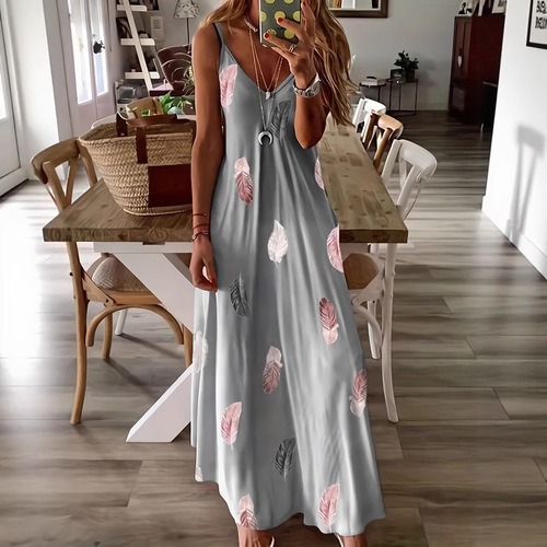 European and American Spring/Summer Sleeveless Slim-Fit Feather-Print Low-Cut V-Neck Strap Maxi Dress for Women