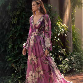 2024欧美跨境夏季新款印花女装连衣裙V领长袖外贸风仙女大摆长裙