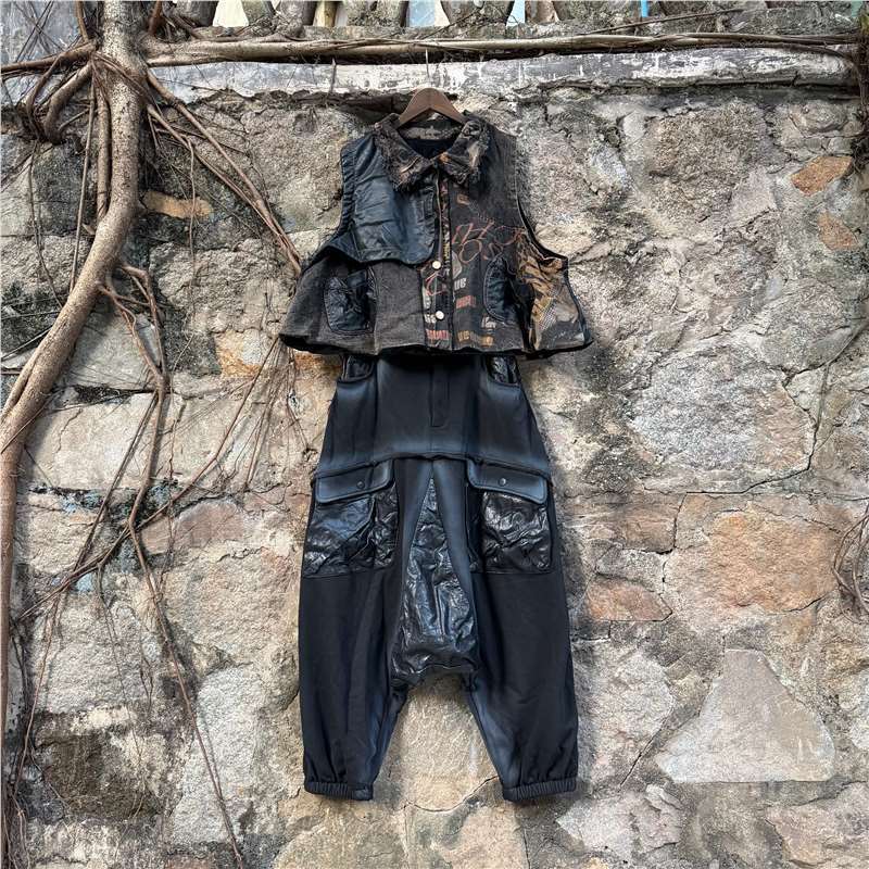 Modas de moda de otoño y invierno de cuello corto chaleco de bolsillo grande con camisa de seda gruesa y suelta de dos piezas para mujeres