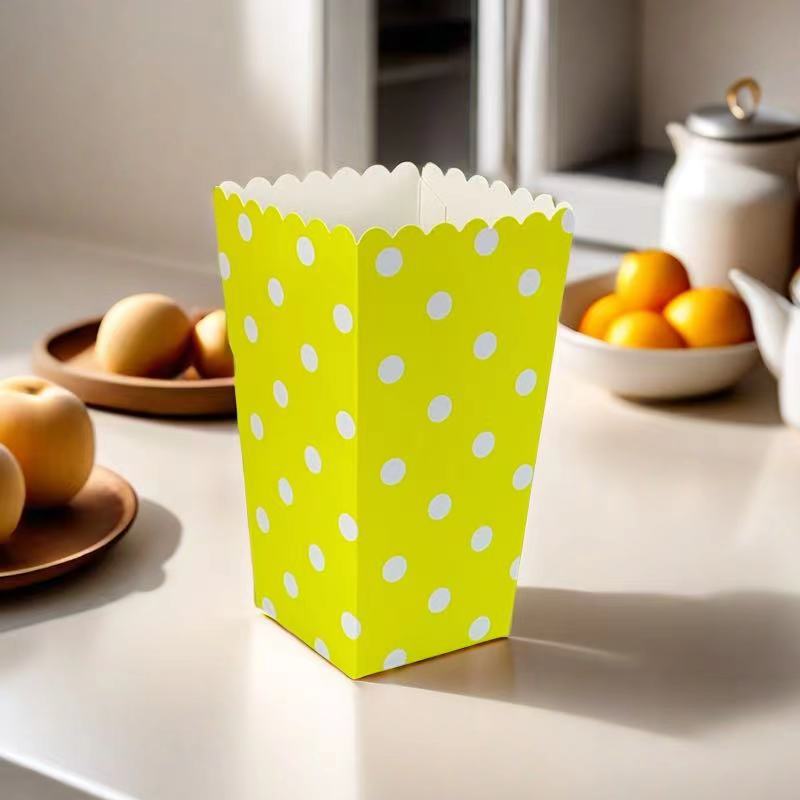 Cajas de palomitas de maíz rosas al por mayor transfronterizas con lunares y rayas, cajas de embalaje onduladas, 12 unidades/paquete, para snacks y alimentos.
