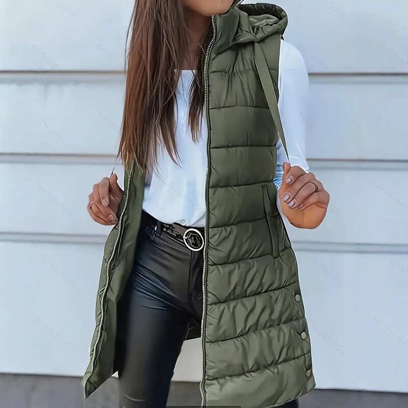 Cross-border European and American style 2026 Amazon solid color hooded zip-up cotton vest jacket for women, mid-length plus size women's clothing Cross-border European and American style 2026 Amazon solid color hooded zip-up cotton vest jacket for women, mid-length plus size women's clothing