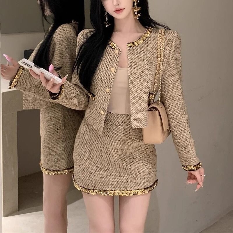 法式小香风套装粗花呢亮片长袖短外套女秋冬穿搭包臀半身裙两件套|undefined