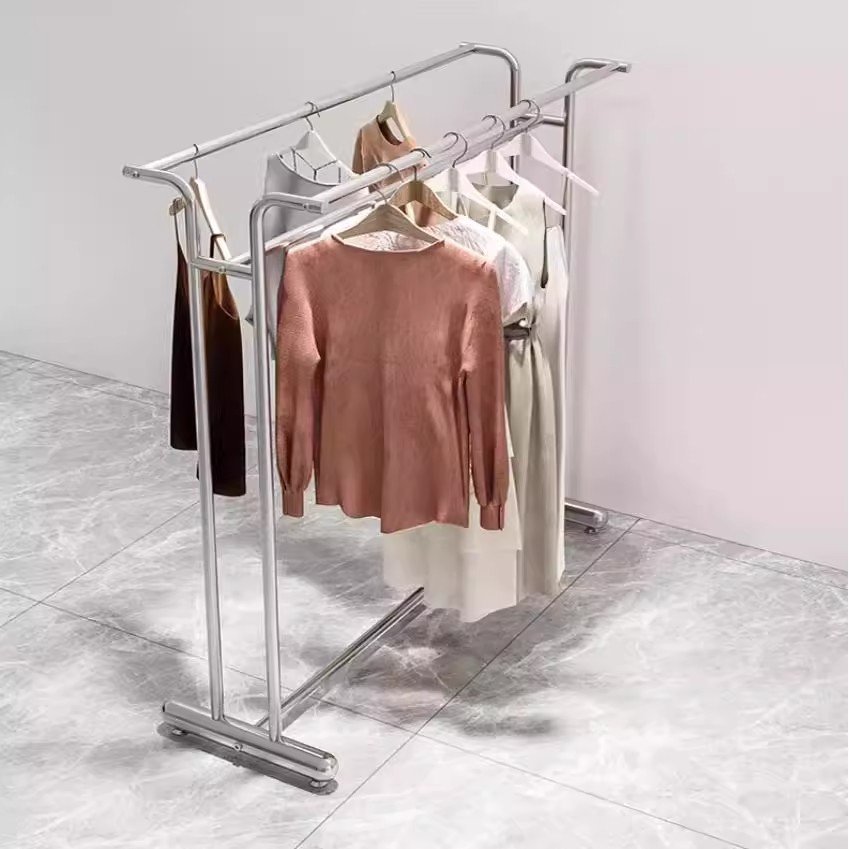 Tienda de ropa percha de ropa estante de la isla de la tienda de ropa de mujer acero inoxidable barra paralela estante de exhibición especial estante de exhibición