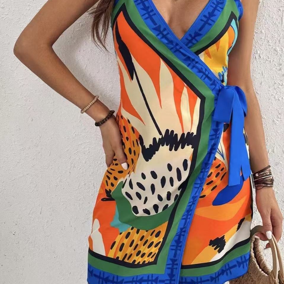 Women's Fashionable Casual V Neck Sundress Tie up Resort Style Spring Summer New Arrival European American Design_ecoleips.com