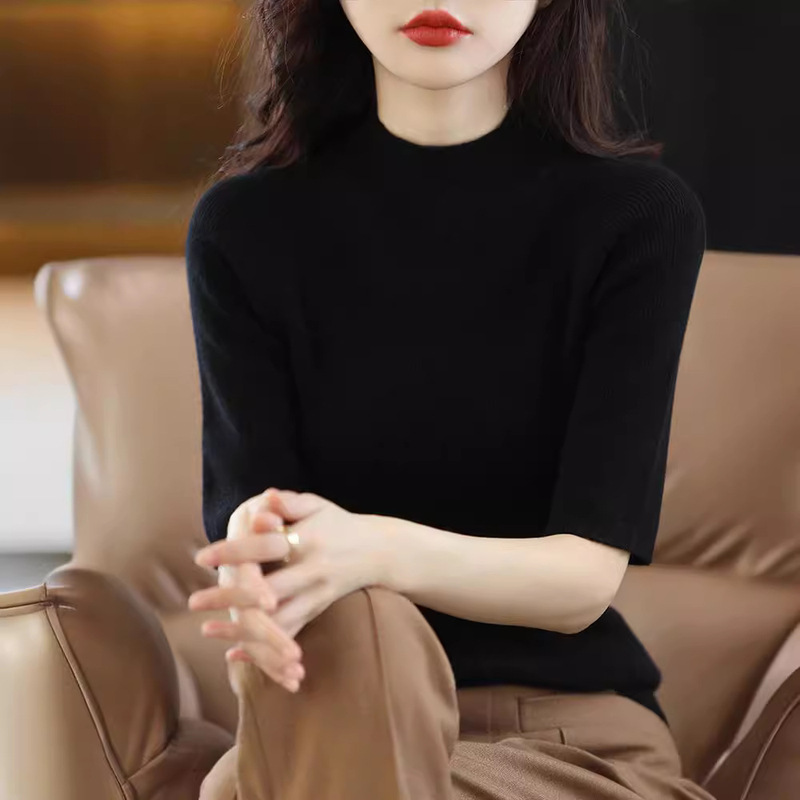 2024 New Spring and Autumn Half-high Collar Half-sleeve Wool Base Shirt Women's Mid-sleeve Slim-fit Sweater Women's Suit Companion