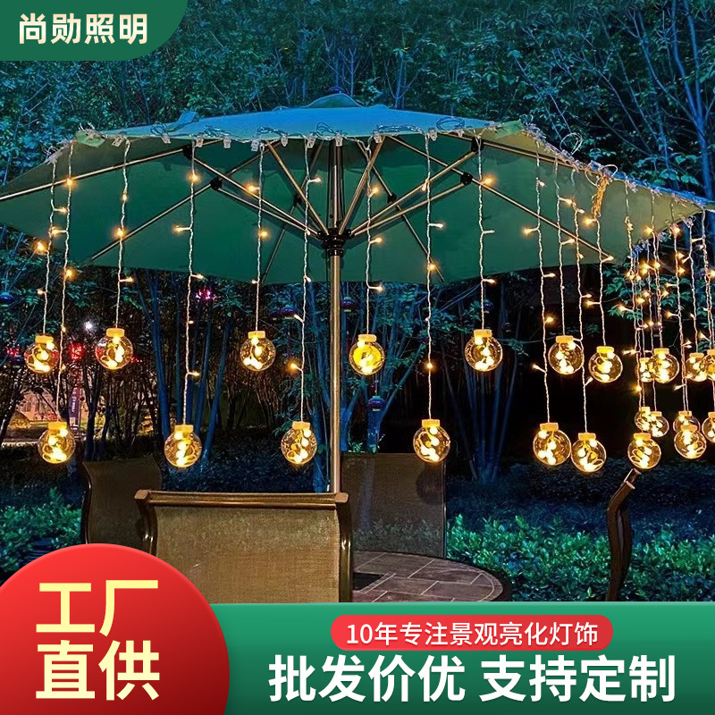 Cadena de luz de bola solar, tienda de jardín impermeable al aire libre, cadena de luz de campamento, decoración navideña, cadena de luz de ambiente