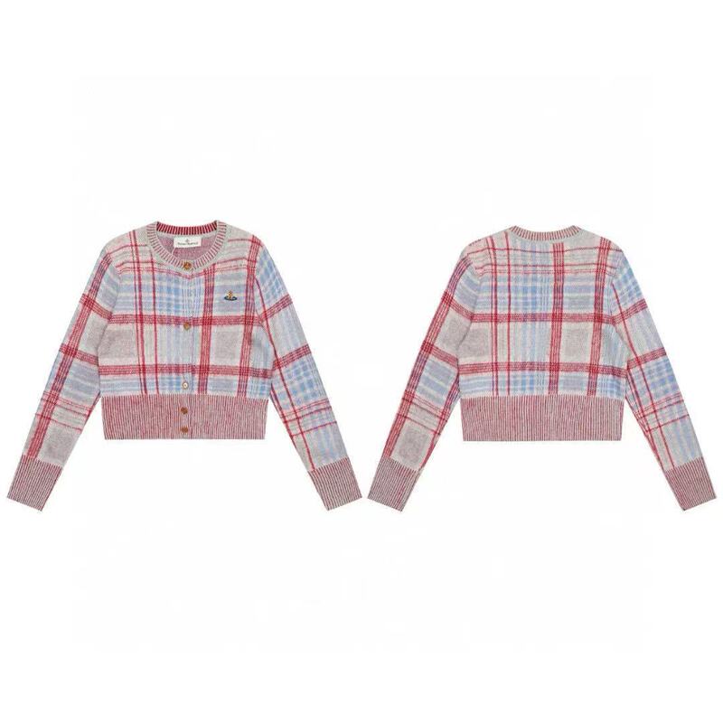 2025 New Vivi Empress Vv Saturn Heart Plaid Woven Bag Color Matching Knitted Cardigan Sweater Wool