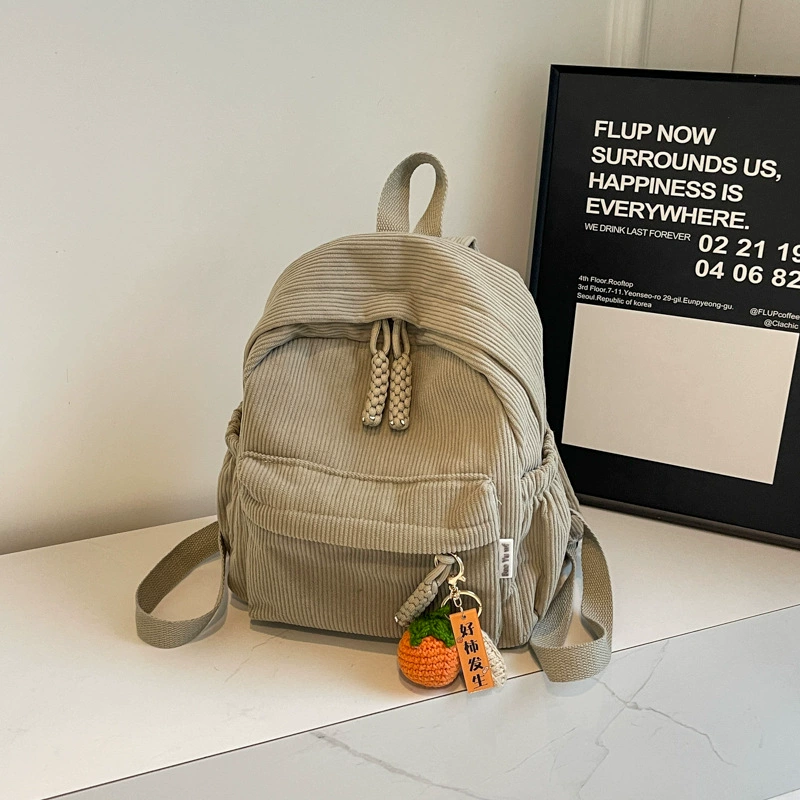 Backpack small shoulder travel bag, city style, corduroy texture, 27×14×30 cm, pendant option