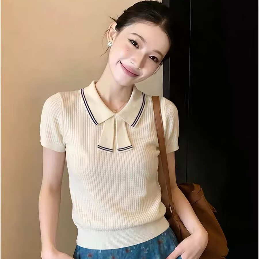 Áo thun nữ tay ngắn cổ bẻ nơ lụa, chất liệu sợi mát mùa hè — xanh lam chi tiết 2