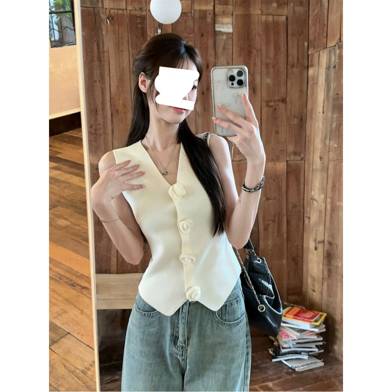 甘い雰囲気の韓国風優しいスタイルVネック立体花柄シングルボタンスリムフィットノースリーブニットベスト婦人服|undefined
