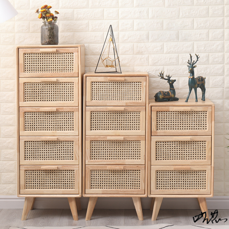 American-style chest of drawers office simple solid wood Nordic solid wood rattan log bedside table Japanese-style small storage