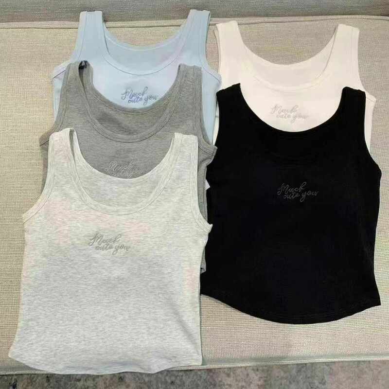 New Letters R C Cotton Wide Shoulder Camisole Women's Vest with Chest Pad One-piece Cup Beautiful Back Outer Wear Base Top Women