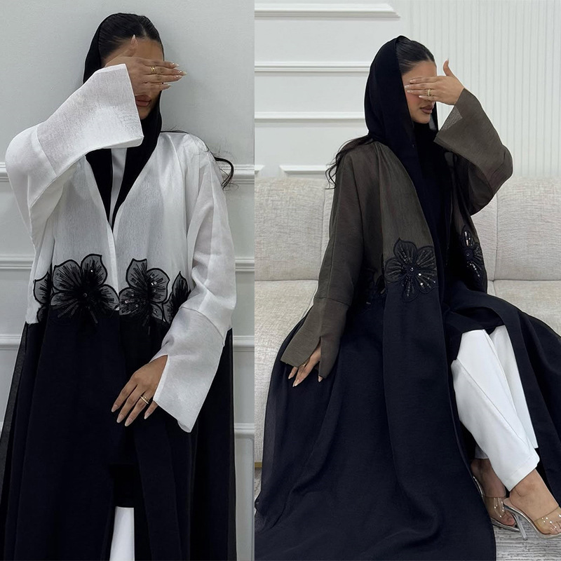 Mq210 2025 Summer Modest Cross-Border Open-Front Cardigan Fashion Three-Dimensional Appliqué Wrinkled High-End Elegant Long Dress Mq210 2025 Summer Modest Cross-Border Open-Front Cardigan Fashion Three-Dimensional Appliqué Wrinkled High-End Elegant Long Dress