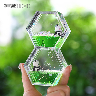 ↬ Cute Panda Stress Relief Oil Leak Hourglass Creative Ornament Emotional Stability Desktop Oil Drop Timer Children's Day Gift