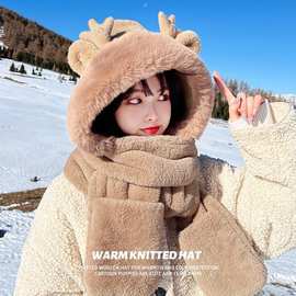 小龙宝小熊帽子秋冬女加厚保暖围巾一体围脖手套三件套东北骑车冬