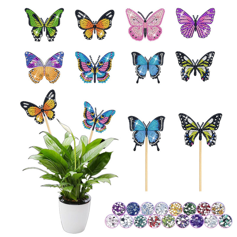 Estacas decorativas para macetas con diseño de flores para decoración de plantas en el hogar y escritorio, fabricante de estacas de jardín hechas a mano con pegatinas de diamantes DIY.
