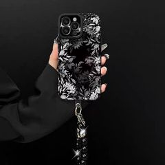黑白花丛适用苹果16promax手机壳iphone15pro灰翻毛皮轻奢高级感