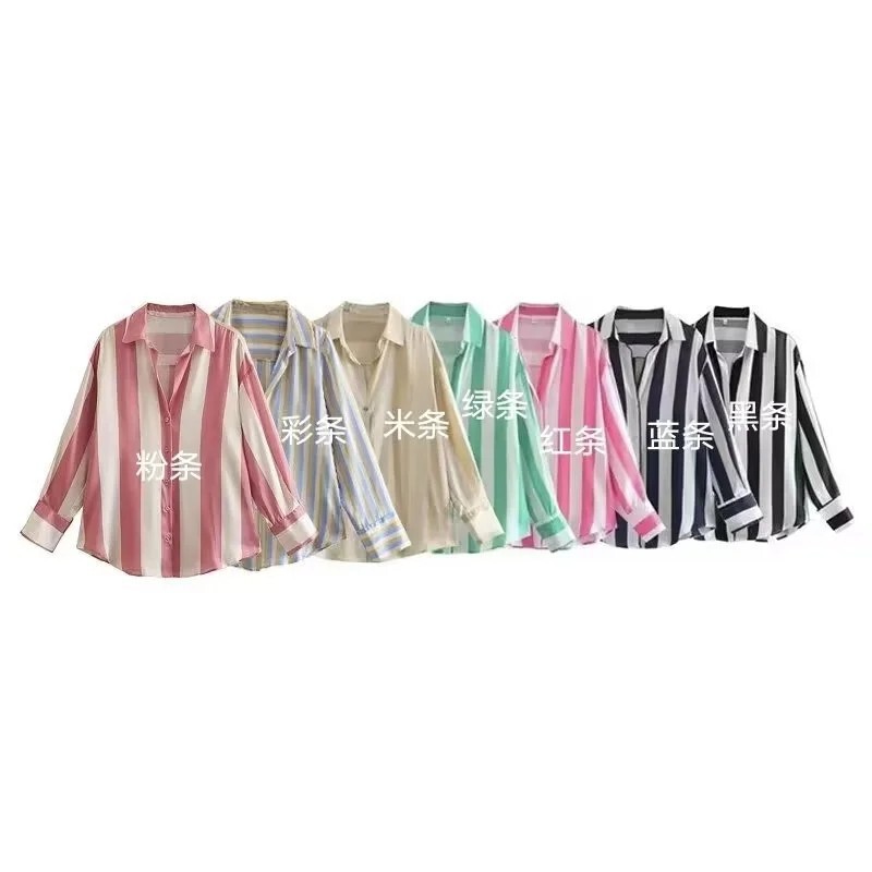 Cross-border foreign trade wholesale striped European and American style digital printing striped silk satin texture drape shirt loose casual style Cross-border foreign trade wholesale striped European and American style digital printing striped silk satin texture drape shirt loose casual style