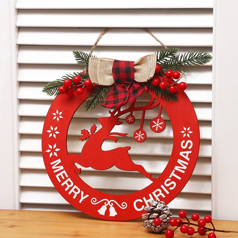 Navidad transfronteriza madera hueco lista de pared redonda roja decoración de la puerta colgante creativo de Navidad al por mayor